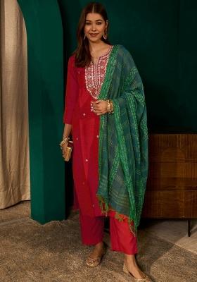 Red Embroidery Silk Kurta Set