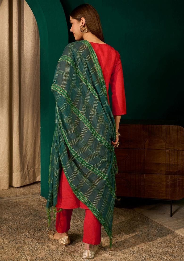 Red Embroidery Silk Kurta Set - Indya