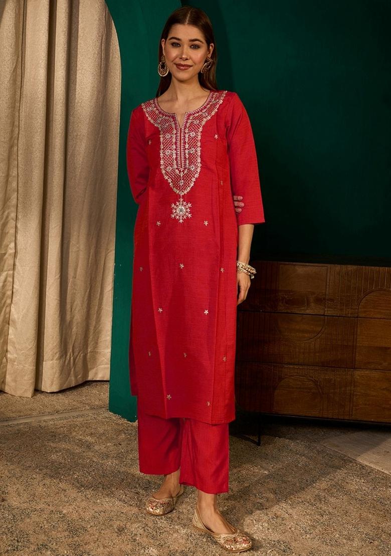 Red Embroidery Silk Kurta Set - Indya