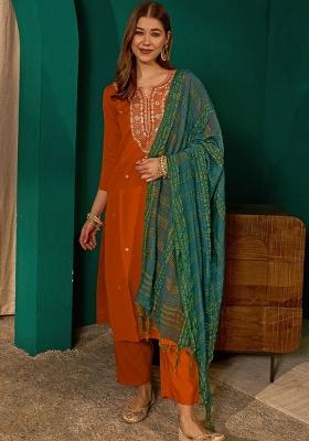 Rust Embroidery Silk Kurta Set