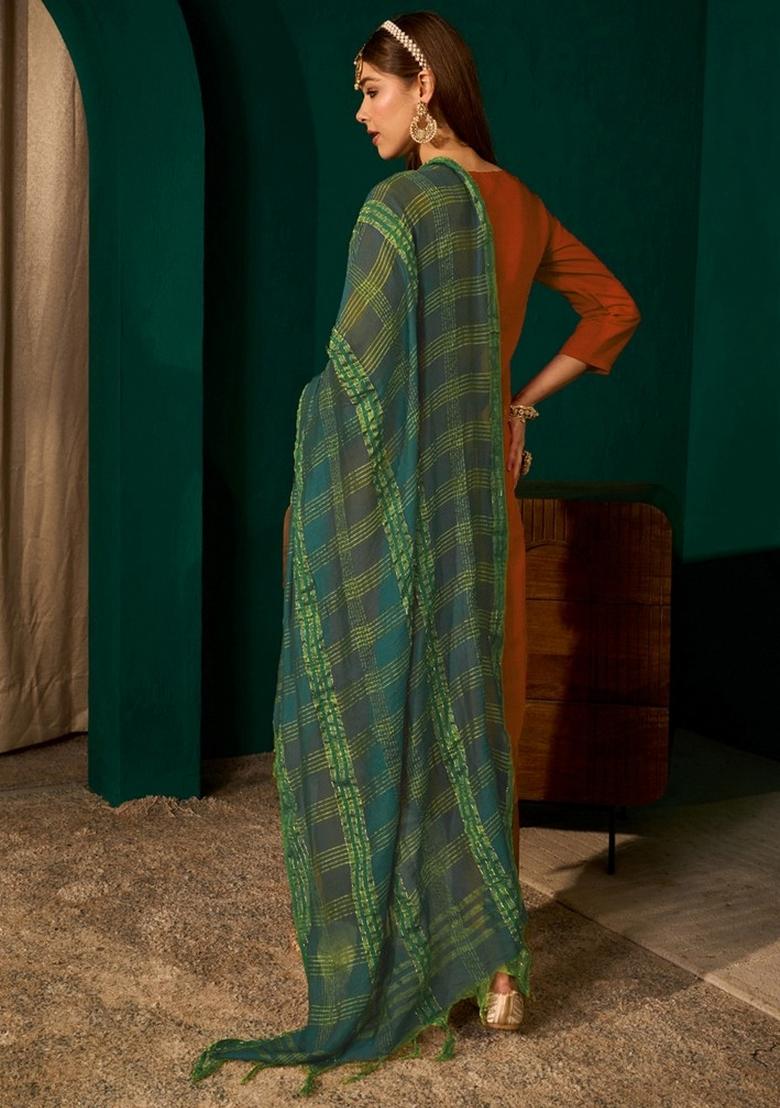 Rust Embroidery Silk Kurta Set - Indya