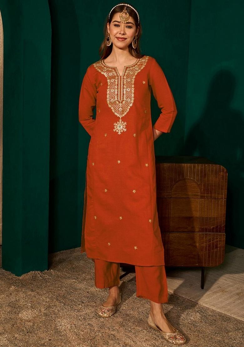 Rust Embroidery Silk Kurta Set - Indya