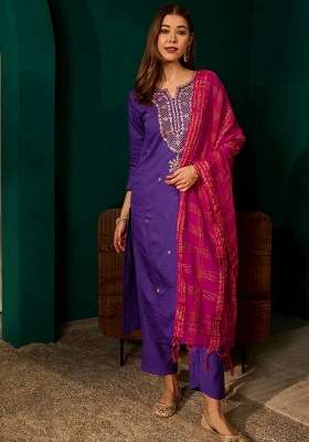 Violet Embroidery Silk Kurta Set