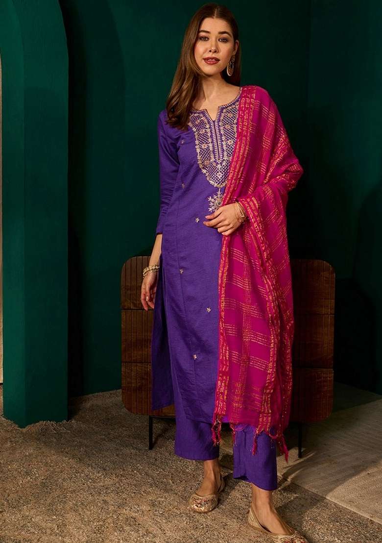 Violet Embroidery Silk Kurta Set - Indya