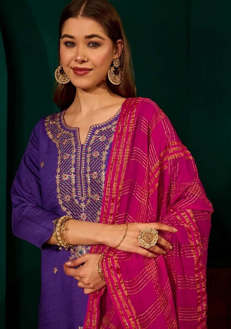 Violet Embroidery Silk Kurta Set - Indya