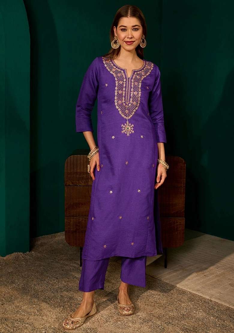 Violet Embroidery Silk Kurta Set - Indya