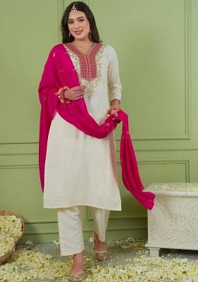 Off White Embroidery Silk Kurta Set