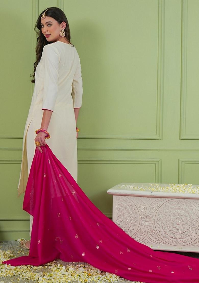 Off White Embroidery Silk Kurta Set - Indya