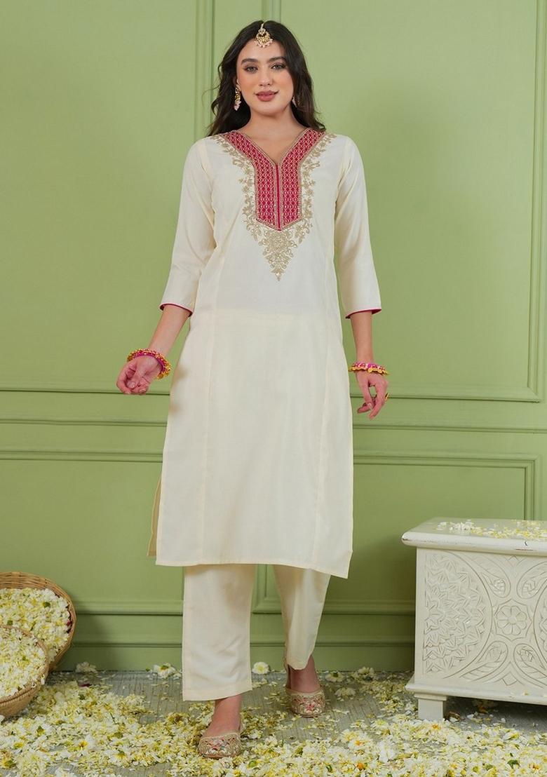 Off White Embroidery Silk Kurta Set - Indya