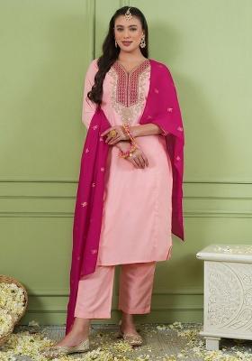 Peach Embroidery Silk Kurta Set