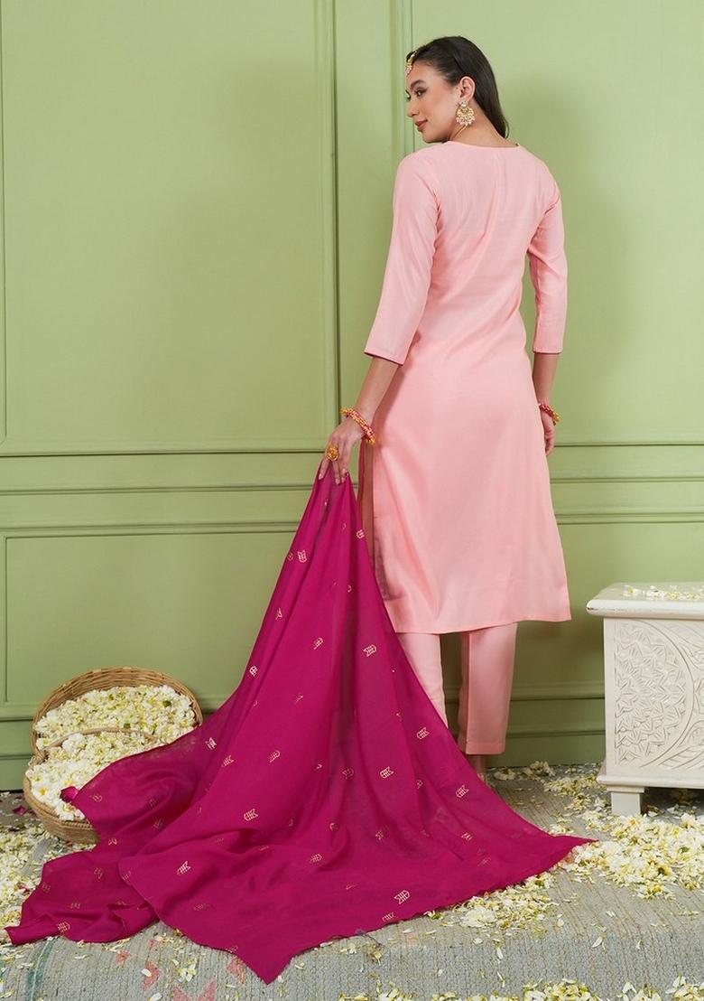 Peach Embroidery Silk Kurta Set - Indya