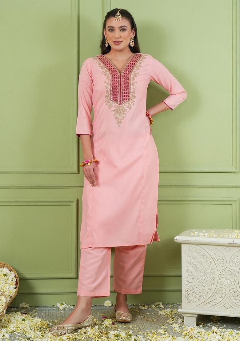 Peach Embroidery Silk Kurta Set - Indya