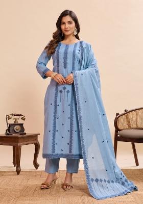 Sky Blue Zari Work Cotton Kurta Set