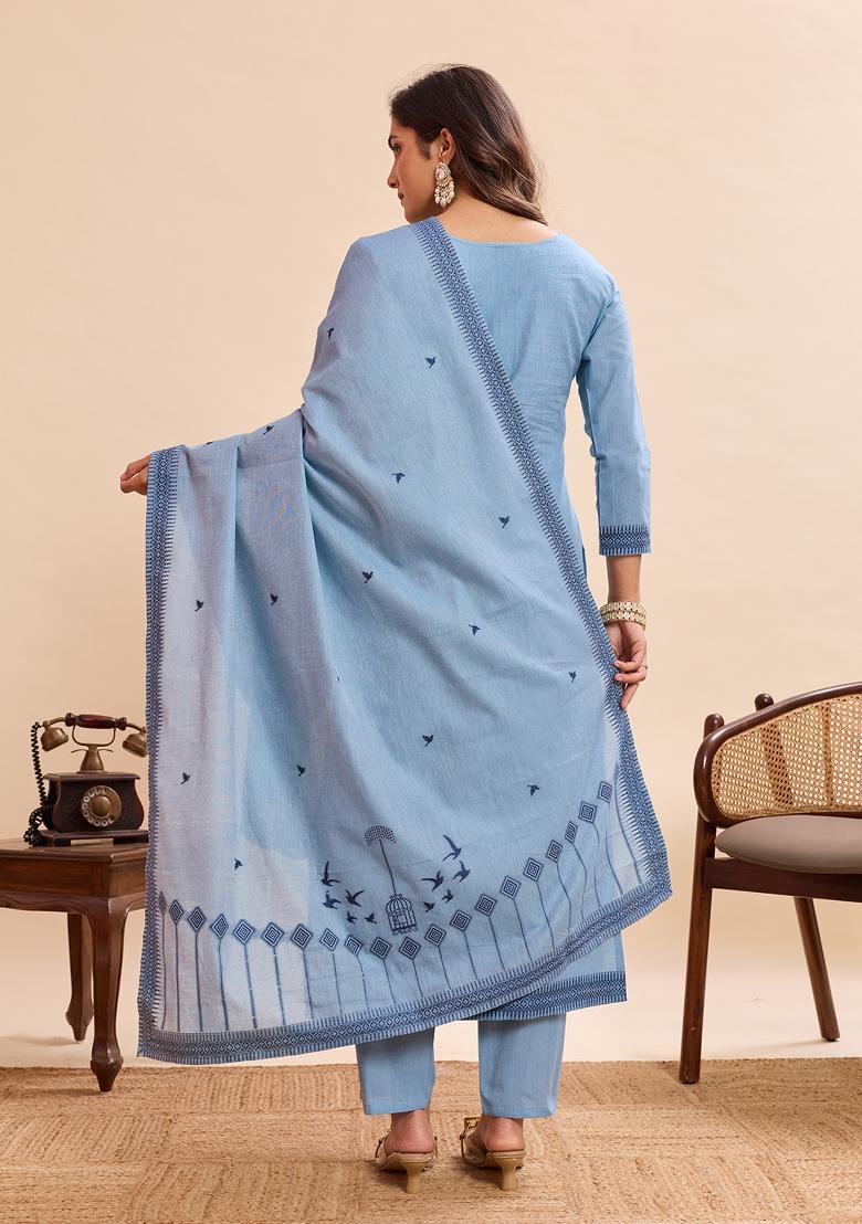 Sky Blue Zari Work Cotton Kurta Set - Indya
