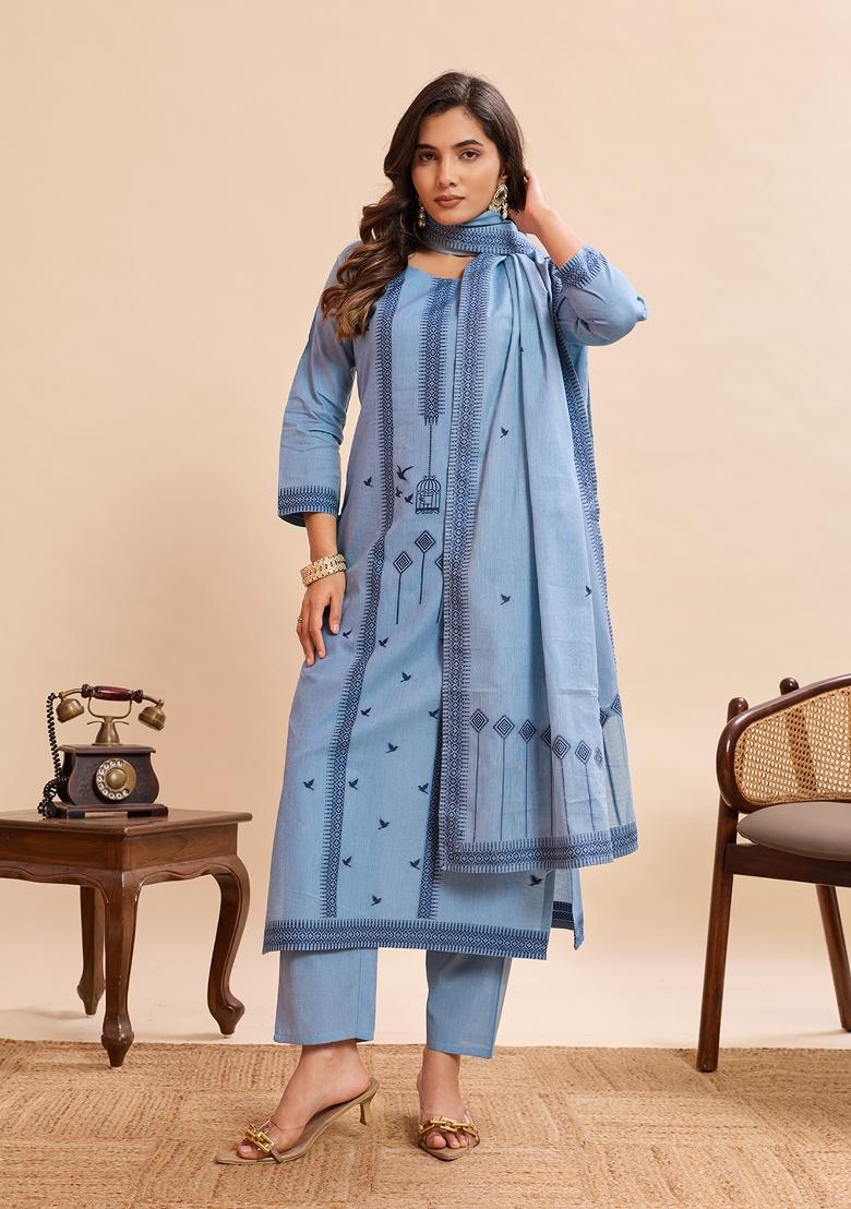 Sky Blue Zari Work Cotton Kurta Set - Indya