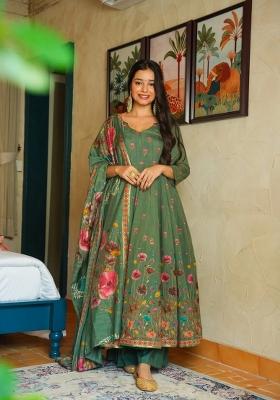 Green Printed Silk Kurta Set