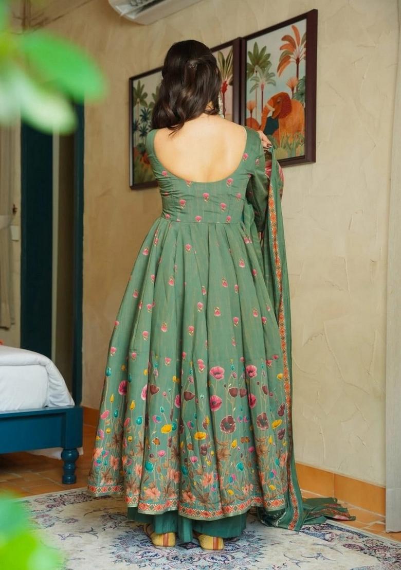 Green Printed Silk Kurta Set - Indya