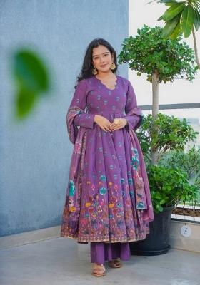 Lavender Printed Silk Kurta Set