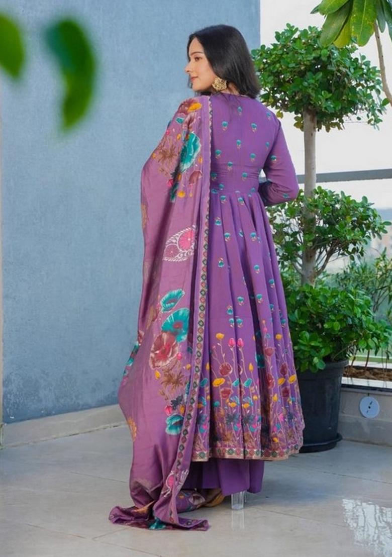 Lavender Printed Silk Kurta Set - Indya