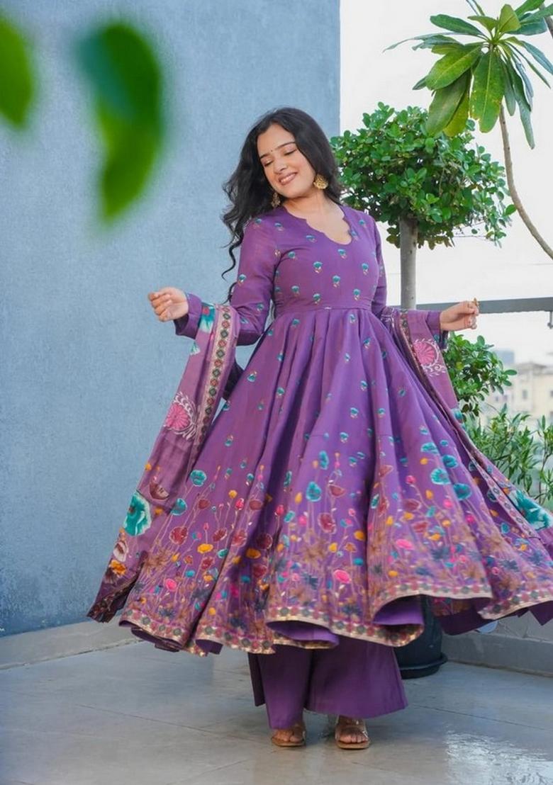 Lavender Printed Silk Kurta Set - Indya