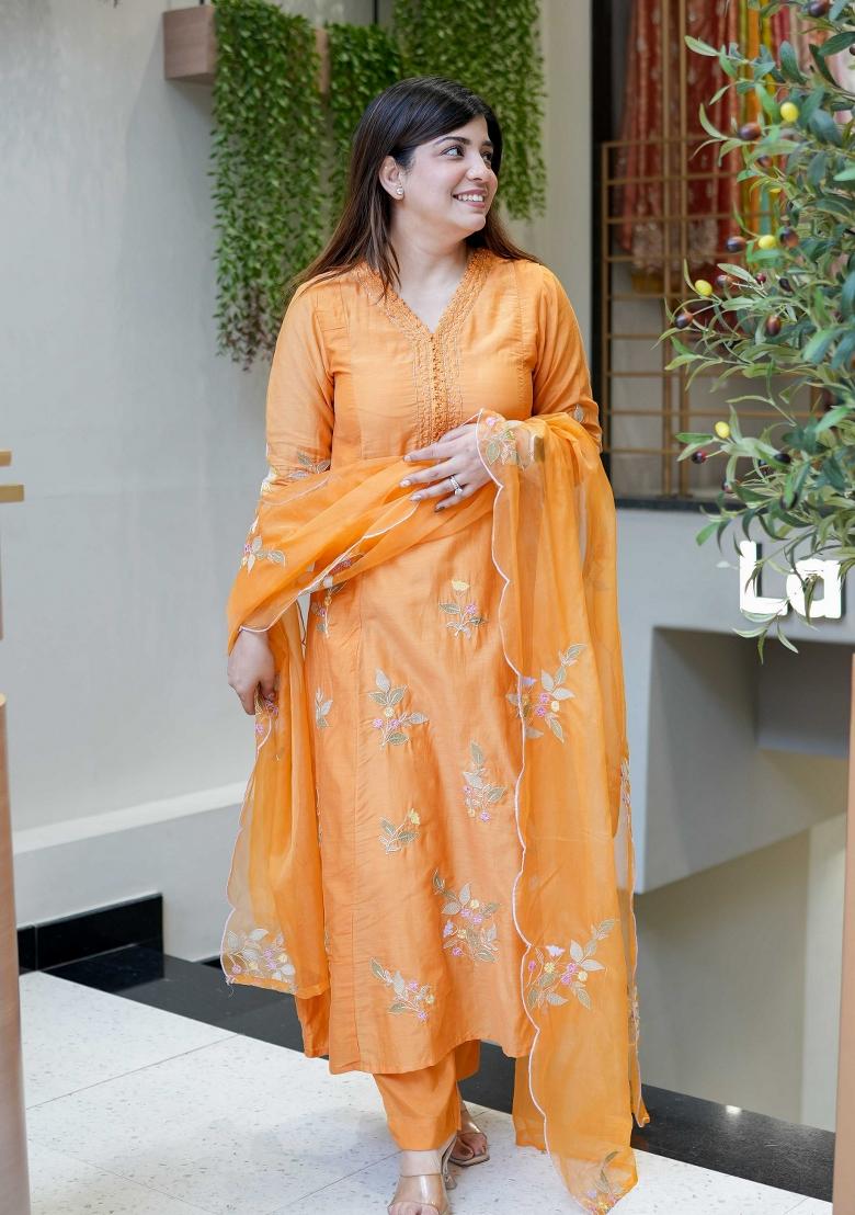 Orange Embroidery Silk Kurta Set - Indya