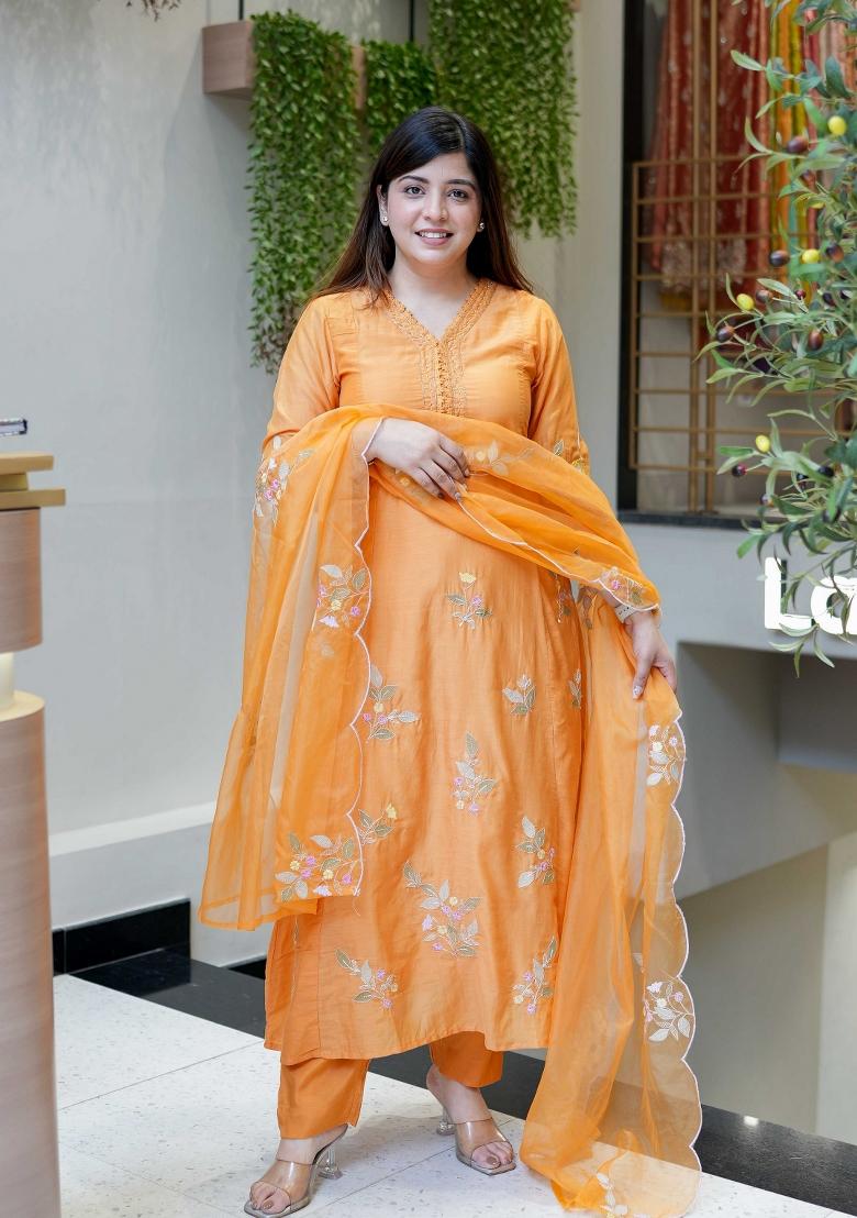 Orange Embroidery Silk Kurta Set - Indya