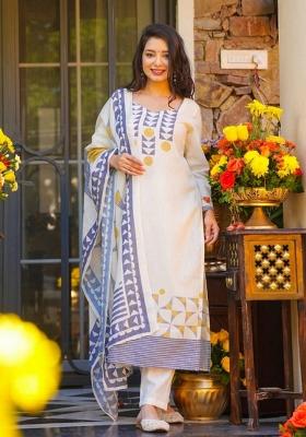 Off White Printed Silk Kurta Set