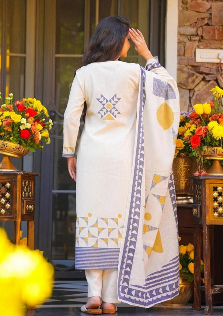 Off White Printed Silk Kurta Set - Indya