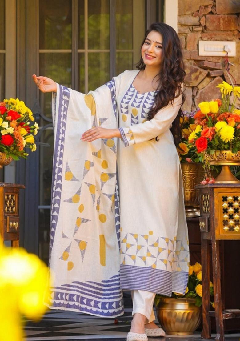 Off White Printed Silk Kurta Set - Indya