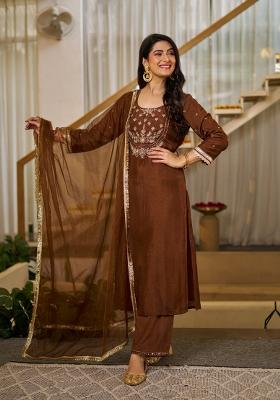 Brown Embroidery Silk Kurta Set