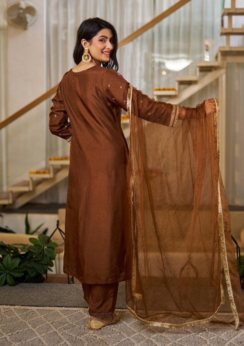 Brown Embroidery Silk Kurta Set - Indya