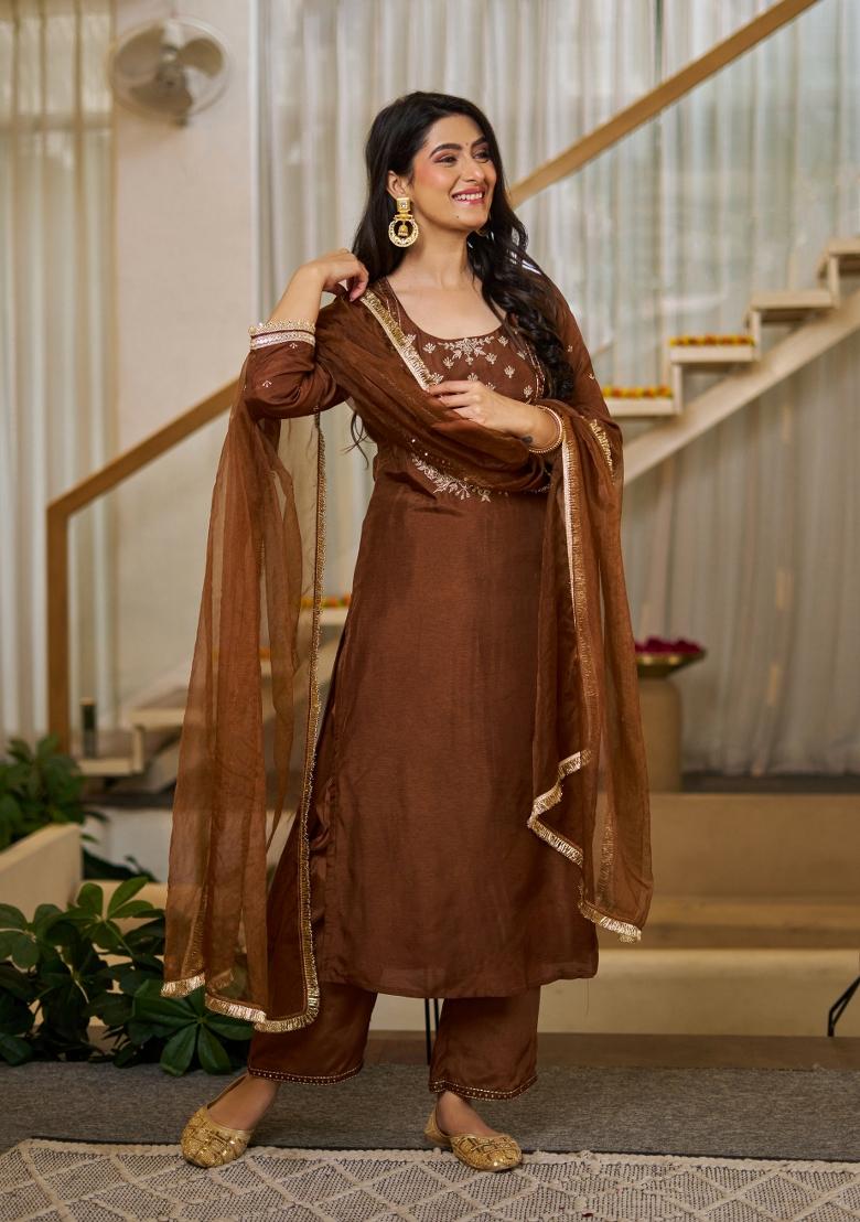 Brown Embroidery Silk Kurta Set - Indya