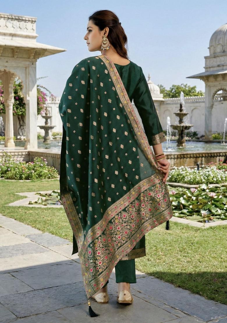 Green Zari Work Silk Kurta Set - Indya