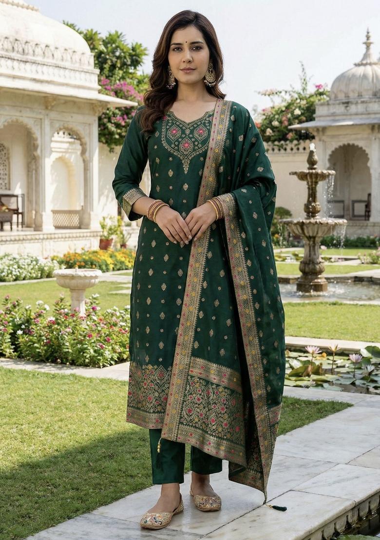 Green Zari Work Silk Kurta Set - Indya