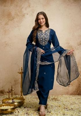 Teal Embroidery Chanderi Kurta Set