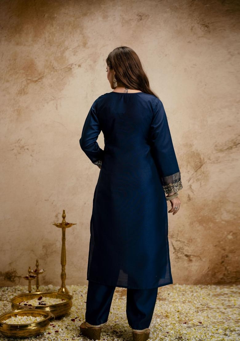 Teal Embroidery Chanderi Kurta Set - Indya
