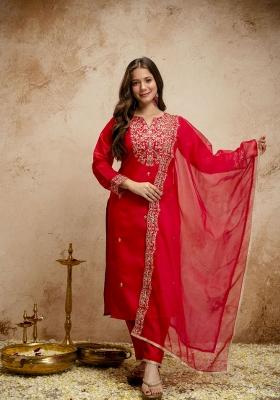Red Embroidery Chanderi Kurta Set
