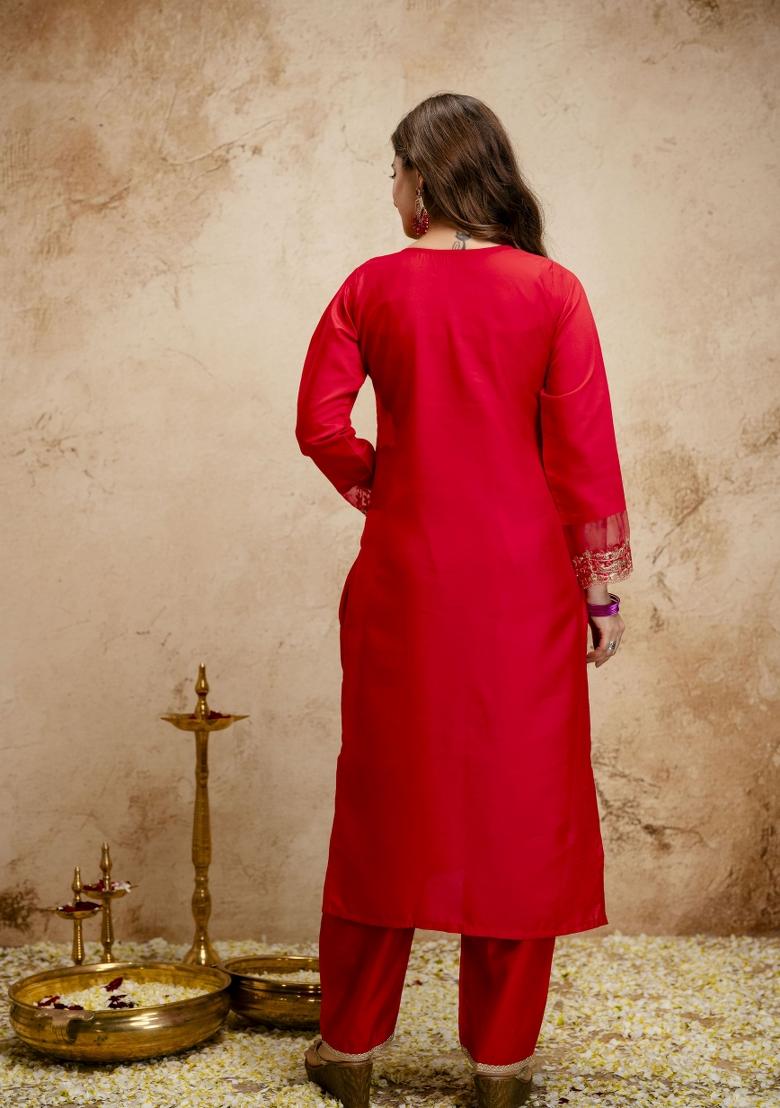 Red Embroidery Chanderi Kurta Set - Indya