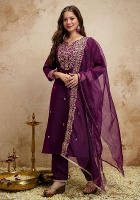 Wine Embroidery Chanderi Kurta Set