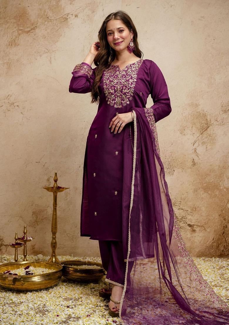 Wine Embroidery Chanderi Kurta Set - Indya