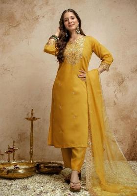 Yellow Embroidery Chanderi Kurta Set
