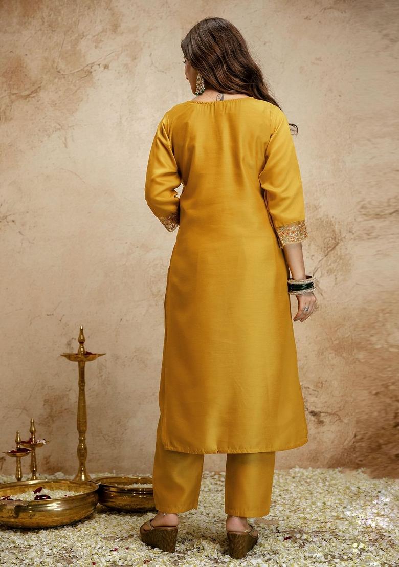 Yellow Embroidery Chanderi Kurta Set - Indya