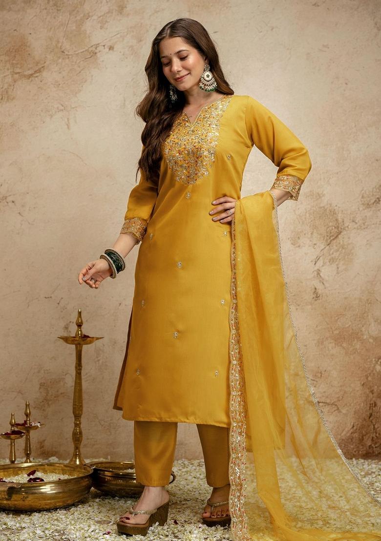 Yellow Embroidery Chanderi Kurta Set - Indya