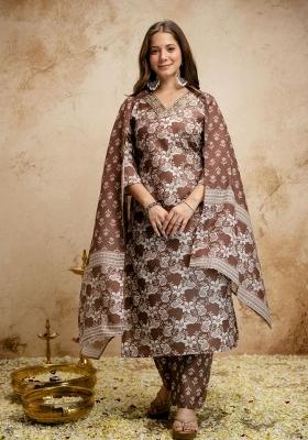 Brown Printed Cotton Kurta Set