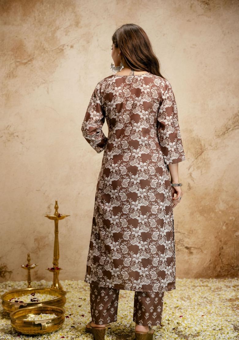 Brown Printed Cotton Kurta Set - Indya