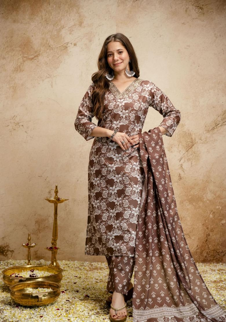Brown Printed Cotton Kurta Set - Indya