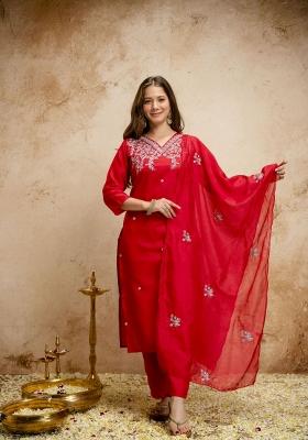 Red Embroidery Chanderi Kurta Set