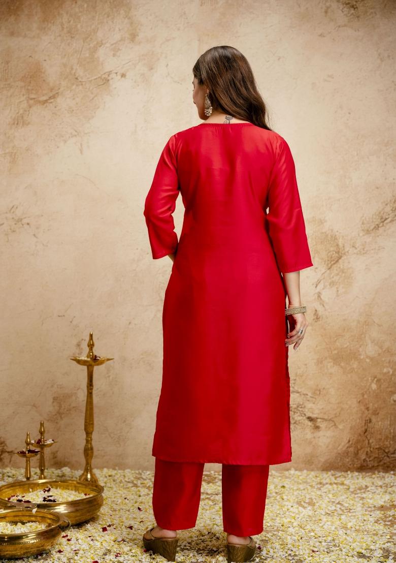 Red Embroidery Chanderi Kurta Set - Indya