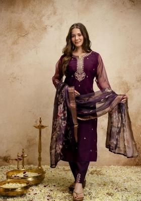 Wine Embroidery Chanderi Kurta Set