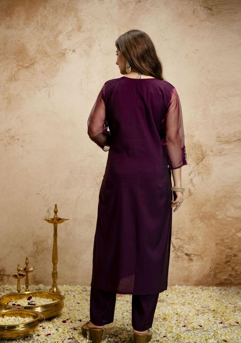 Wine Embroidery Chanderi Kurta Set - Indya